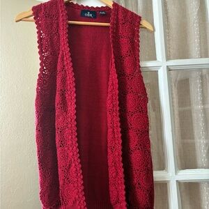 Vintage Natural Fibers Women's Red Open-Front Crochet Cardigan